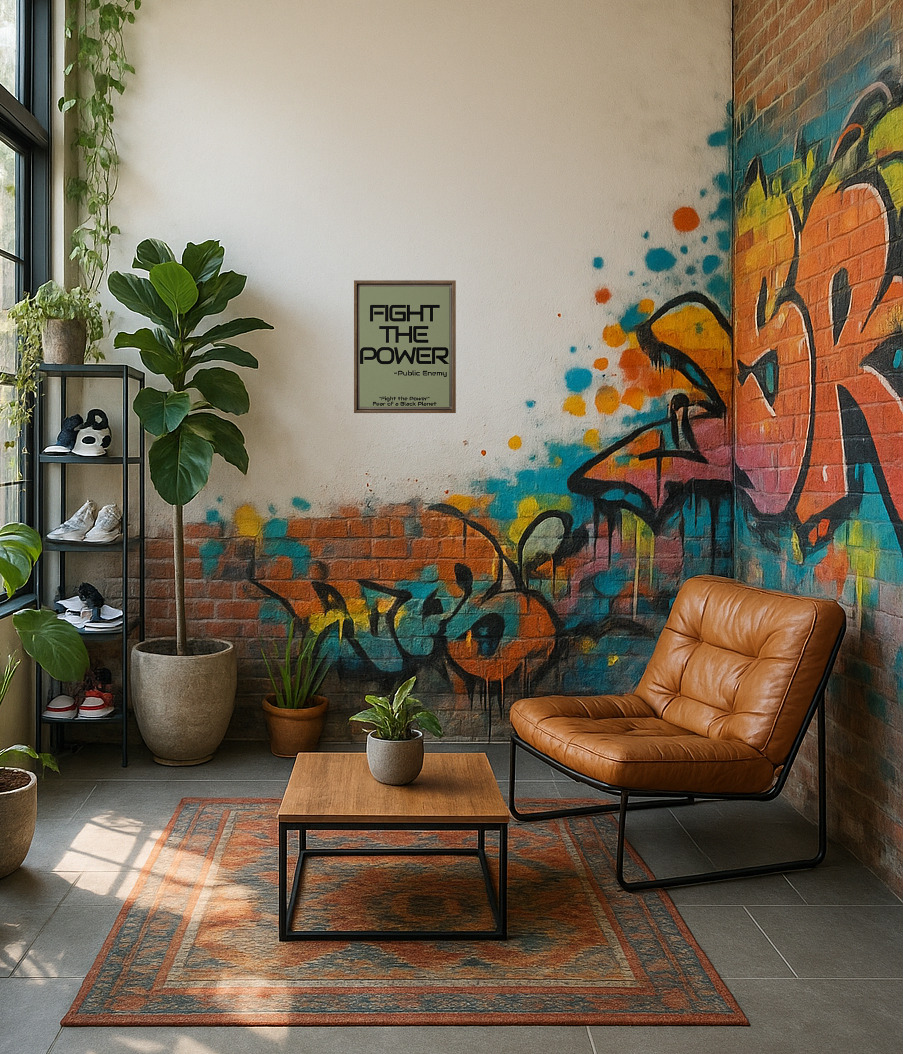 Modern living room with graffiti wall, plants, and a brown leather chair.